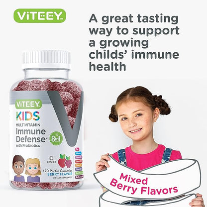Viteey Kids Multivitamin Gummies with Probiotics - 8-1 Kids Vitamins for Immune Health Support with Vitamin C, D3, B12, B6, Zinc, Elderberry, Selenium - Vegetarian - Chewable Tasty Berry Flavored