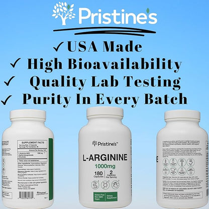 PRISTINE'S L Arginine Supplements for Men & Women - 1000mg Capsules 90 Day Supply Nitric Oxide & Pre Workout Amino Acid Support