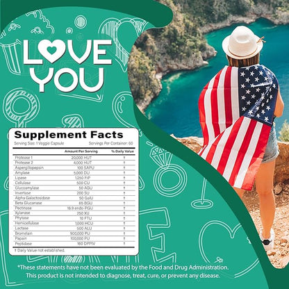 Love You 18 Enzyme Complex – Plant-Based Digestive Enzymes for Women & Men | Supports Nutrient Absorption & Digestive Comfort | 60 Vegan Capsules Made in USA