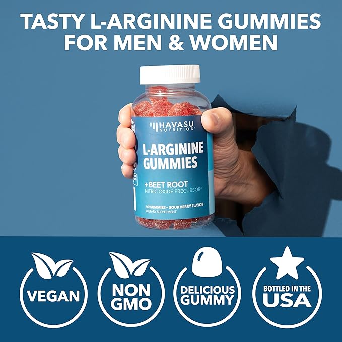 L-Arginine Gummies with L-Citrulline and Beet Root - Nitric Oxide Supplement - 90 Count - Energy, Endurance, and Recovery Support - Vegan, Non-GMO - Energizing Sour Berry Flavor, 30-Day Serving