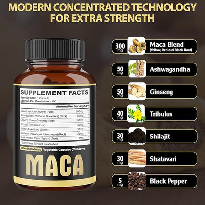 7in1 Premium Maca Root Capsules - with Ashwagandha, Ginseng, Tribulus, Shilajit, Shatavari & Black Pepper - Natural Energy, Performance & Mood Support - 150 Counts for 5 Months