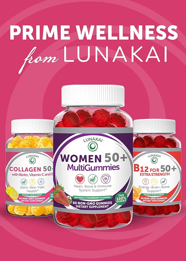 Lunakai USA Made Collagen Gummies for Women & Men Over 50, Biotin & Vitamin C, Supports Skin Elasticity, Hair & Nail Strength, Joint Support, 60ct