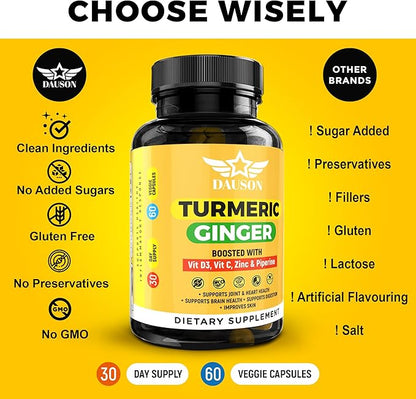 Turmeric Supplement with Ginger, Piperine, Vitamins & Zinc | High Bioavailability Joint Support | Gut, Heart, Brain & Skin Health | Curcumin Immune Booster | 60 Capsules