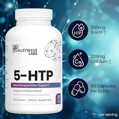 5-HTP - 200mg 5HTP Supplement (5-Hydroxytryptophan) to Support Mood Plus Sleep*, Stress Relief*, 60 Capsules - 30 Day Supply, Made in USA
