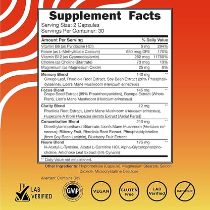 Vital Vitamins Nootropic Brain Supplement Plus - for Memory, Focus, Concentration, Neuro Energy, Clarity - with Lion's Mane Mushrooms - 60 Capsules