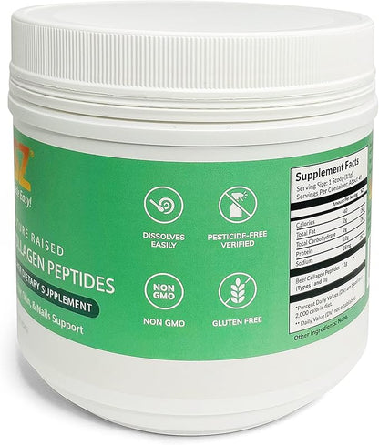 SASZ Hydrolyzed Bovine Collagen Peptides Powder 1lb Jar Clean Collagen Unflavored Grass-Fed Non-GMO Kosher Highly Soluble Protein