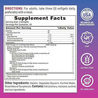 Vitamin World Triple Omega 3-6-9 3000mg with Fish, Flax, Borage & Evening Primrose Oils, Omega-3 Fatty Acids with EPA & DHA, Supports Heart, Brain & Immune Health, Gluten Free, 120 Softgels