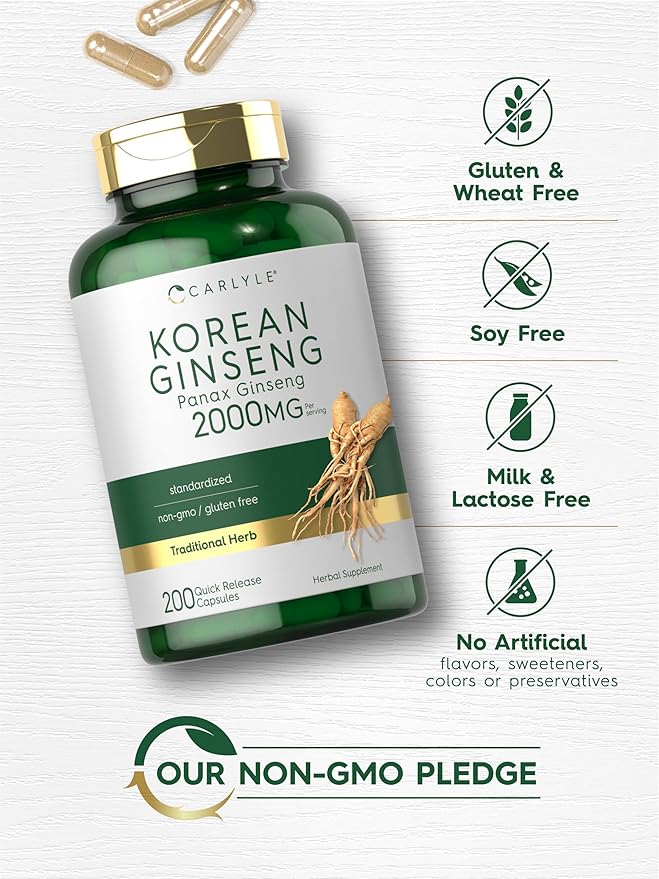 Carlyle Korean Ginseng Extract Capsules 2000 mg | 200 Capsules | Non-GMO and Gluten Free Formula | Standardized Panax Ginseng Supplement