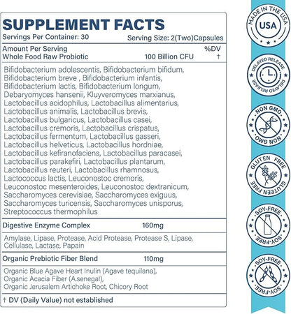 Raw Probiotics for Women & Men - 100 Billion CFU, 35 Strains, Organic Prebiotics & Natural Digestive Enzymes for Digestive, Gut & Immune Health - Soy and Gluten Free, Non-GMO, 180 Vegan Capsules