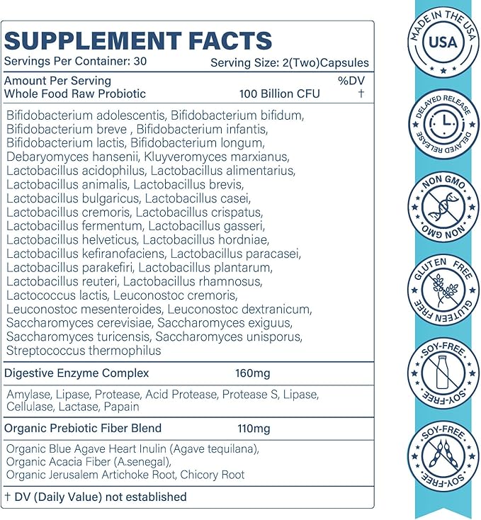 Raw Probiotics for Women & Men - 100 Billion CFU, 35 Strains, Organic Prebiotics & Natural Digestive Enzymes for Digestive, Gut & Immune Health - Soy and Gluten Free, Non-GMO, 180 Vegan Capsules