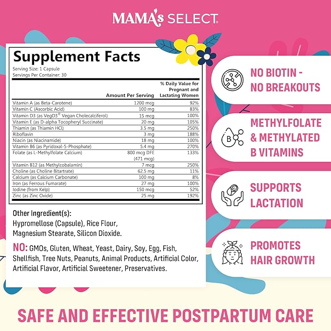 Mama's Select Postnatal Vitamins – Boosts Hair Recovery, Milk Supply, & Wellness – Allergen-Free, Vegan, MTHFR Friendly, Methylated Folate & B Vitamins, Easy-to-Swallow, No Biotin - 30 Capsules