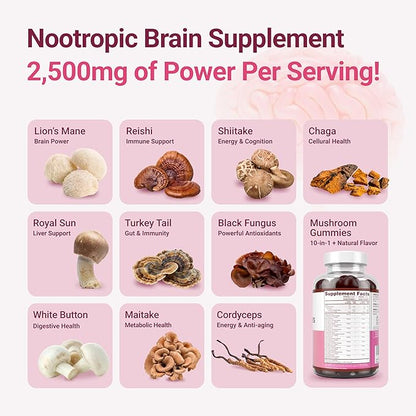 World's First Mushroom Complex Gummies - 10x Mushroom Supplement w Lions Mane (90 Chews 2500mg/serving) Nootropic Brain Supplement, Immune Support & Stress Relief - Replace Pills & Capsules