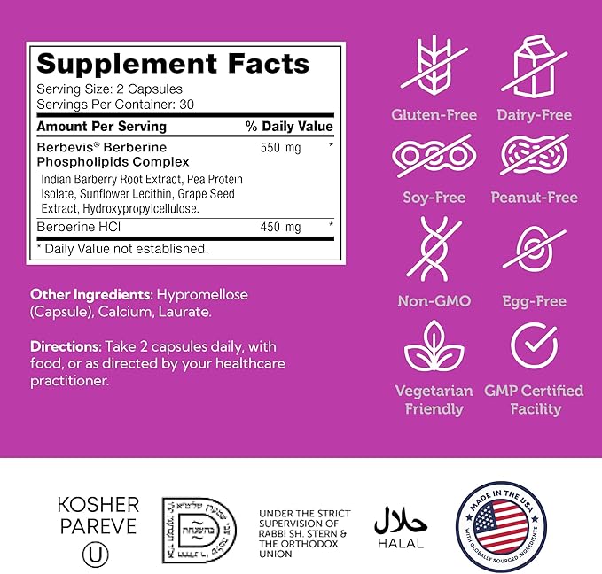 Berberine with Clinically Evaluated Berbevis, Metabolism and Glucos Support Formula, 60 Capsules.