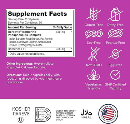 Berberine with Clinically Evaluated Berbevis, Metabolism and Glucos Support Formula, 60 Capsules.