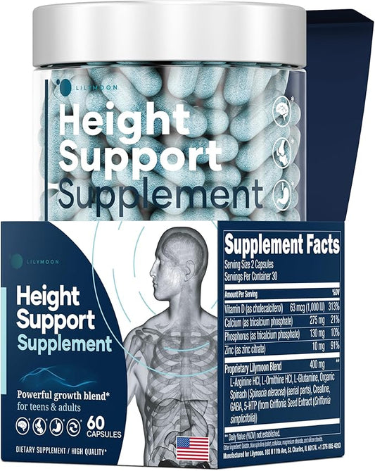 Height & Bone Support Supplement - Made in USA - Premium Height Growth Supplement for Kids & Teens with Calcium - Nutritional Support Bone Health Formula - Height Increase Essential Vitamins - 60 Caps