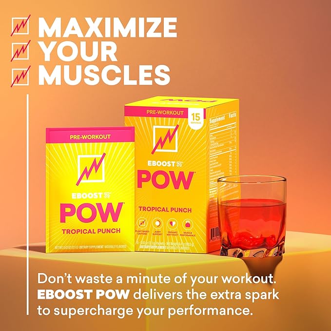 EBOOST POW Natural Pre Workout Powder - 15 Packets, Tropical Punch - Preworkout Energy Booster Gym Supplement Drink Mix for Men and Women - Performance, Joint Mobility Support - Gluten-Free