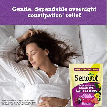Senokot Laxative Soft Chews, Overnight Constipation Relief with Senna Extract, 42 Mixed Berry Chews