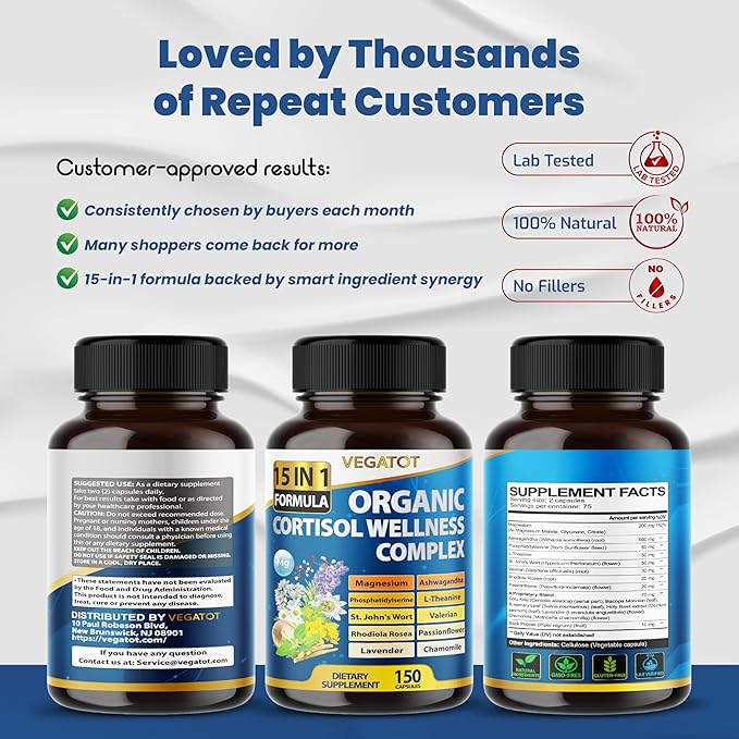 VEGATOT Organic Cortisol Wellness Complex 15-in-1 Formula with Magnesium Ashwagandha St. John's Wort Valerian Rhodiola Rosea Passionflower Chamomile