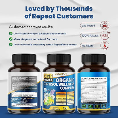 VEGATOT Organic Cortisol Wellness Complex 15-in-1 Formula with Magnesium Ashwagandha St. John's Wort Valerian Rhodiola Rosea Passionflower Chamomile