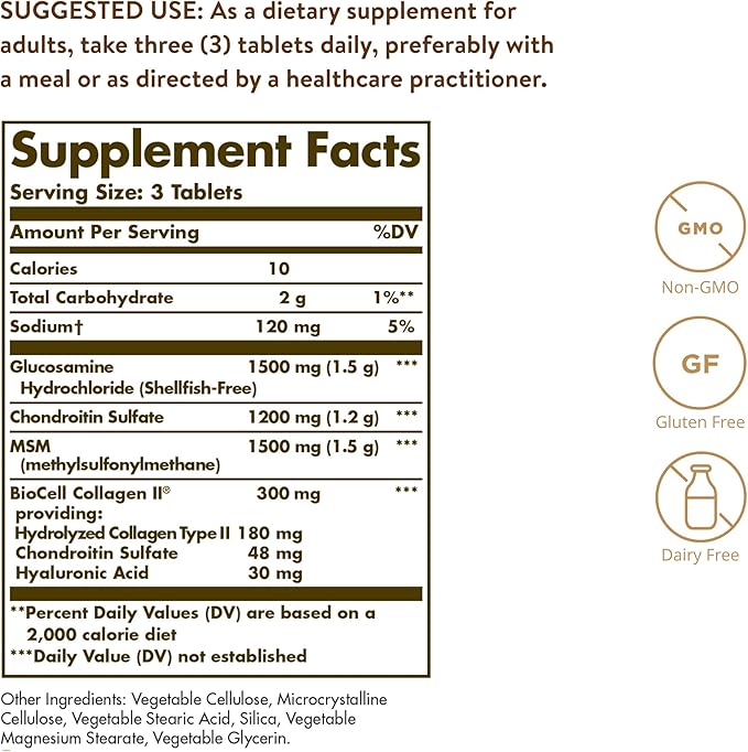 Solgar Glucosamine Hyaluronic Acid Chondroitin MSM (Shellfish-Free), 60 Tablets - Joint Support & Comfort - Supports Active Lifestyles - Non-GMO, Gluten Free, Dairy Free - 20 Servings