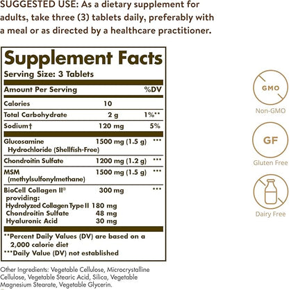 Solgar Glucosamine Hyaluronic Acid Chondroitin MSM (Shellfish-Free), 60 Tablets - Joint Support & Comfort - Supports Active Lifestyles - Non-GMO, Gluten Free, Dairy Free - 20 Servings