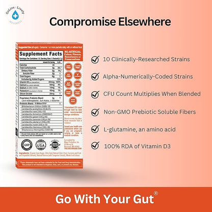 GoLive Prebiotic and Probiotic for Women, Men, Kids. Tangerine Turmeric Synbiotic Powder w/ L-Glutamine, Vitamin D3, Electrolytes. For Gut Health, Digestion, Metabolism, Immunity 15-50B CFUs.