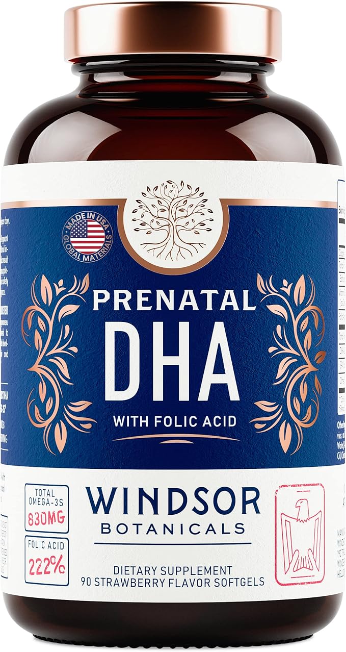 Prenatal DHA and Folic Acid - 830mg Omega-3 (DHA + EPA Fish Oil), 800mcg Folic Acid - High-Potency Prenatal Vitamins for Women - Supports Fetal Development & Baby’s Brain - 90 Strawberry Softgels
