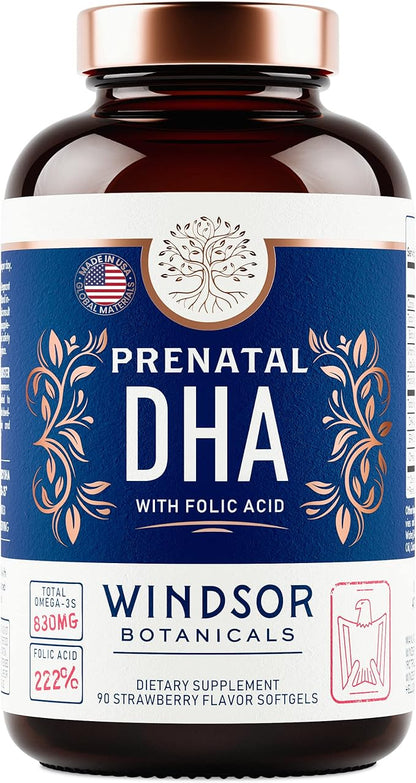 Prenatal DHA and Folic Acid - 830mg Omega-3 (DHA + EPA Fish Oil), 800mcg Folic Acid - High-Potency Prenatal Vitamins for Women - Supports Fetal Development & Baby’s Brain - 90 Strawberry Softgels