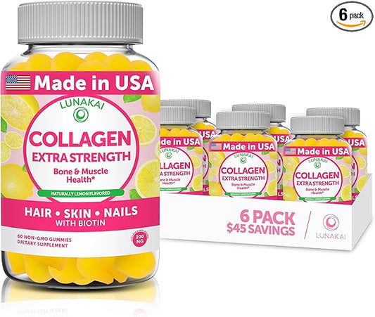 Lunakai Collagen Gummies - Tastiest Proprietary Formula - 200mg Hydrolyzed Collagen Gummies for Women and Men with Biotin, Zinc, Vitamin C and E - Non-GMO Anti Aging Supplement for Women - 6 Pack