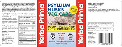 Yerba Prima Psyllium Husks Veg Caps - 180 Count (2 Pack) (625mg) - Vegan, Non-GMO, Gluten Free, Colon Cleanser, Daily Fiber Supplement for Gut Health & Regularity