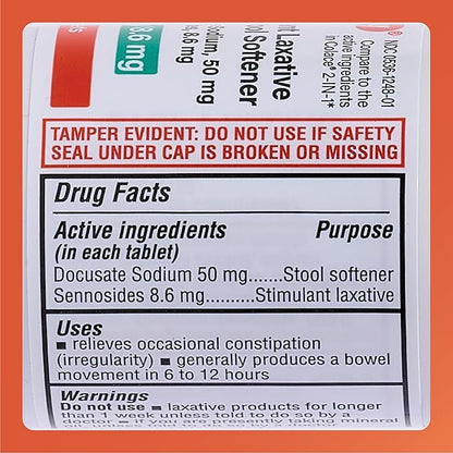 Rugby Stimulant Laxative Plus Stool Softener Docusate Sodium 50 mg/Sennosides 8.6 mg - Laxative Tablets for Occasional Constipation Relief - Stool Softeners for Women, Men, and Kids - 100 Tablets