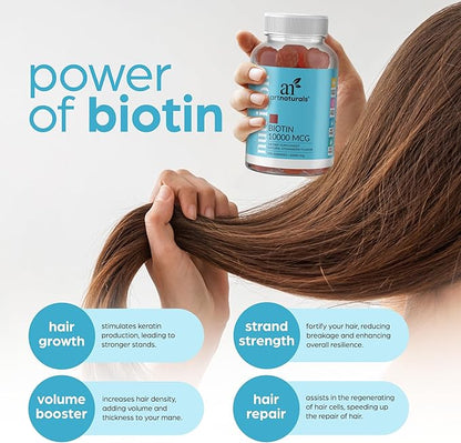 Artnaturals Biotin Gummies for Hair Growth - (100 Gummies - 10000mcg) - Natural Strawberry Vitamins Supports Nails and Skin - Gelatin, Gluten, Nut and Egg Free