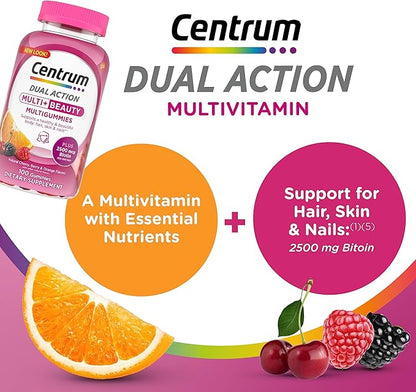 Centrum MultiGummies Multi+ Beauty Dual Action Multivitamin, Specially Designed with Biotin for Healthy Hair, Skin and Nails, Cherry/Berry/Orange Flavors - 100 Count