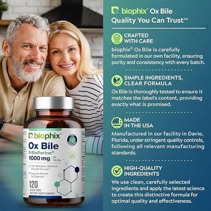 biophix Ox Bile 1000 mg with BioPerine 120 Veggie Capsules - High Absorption Digestive Enzymes Supplement - Liver Metabolic GI Fat Metabolism Support