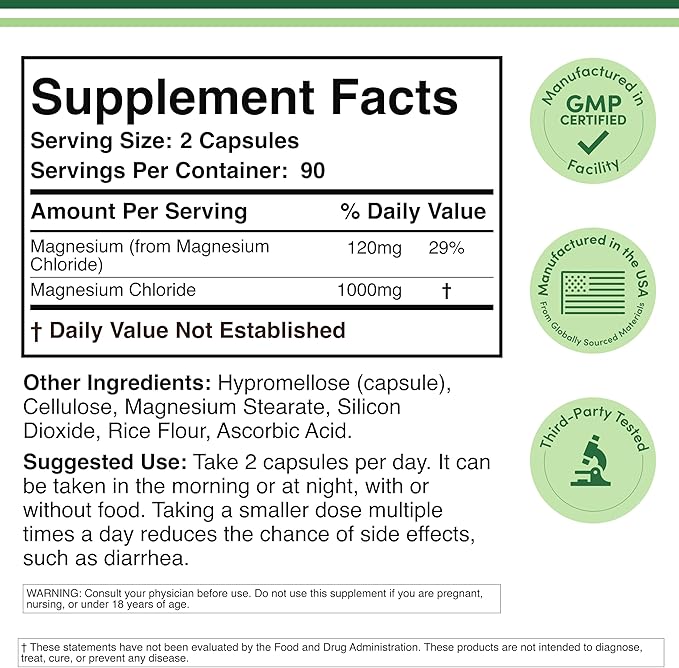 Magnesium Chloride (Cloruro De Magnesio) - 180 Capsules, 1,000mg Per Serving, Supports Digestive and Bone Health - Non-GMO and Gluten Free by Double Wood Supplements