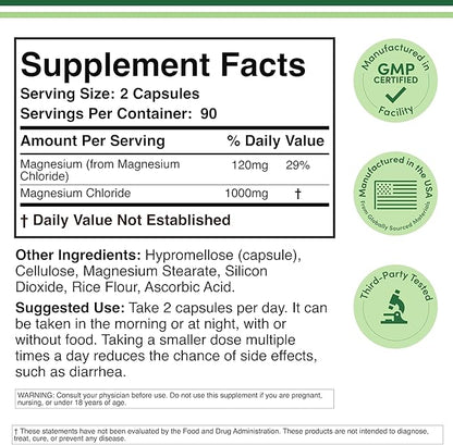 Magnesium Chloride (Cloruro De Magnesio) - 180 Capsules, 1,000mg Per Serving, Supports Digestive and Bone Health - Non-GMO and Gluten Free by Double Wood Supplements