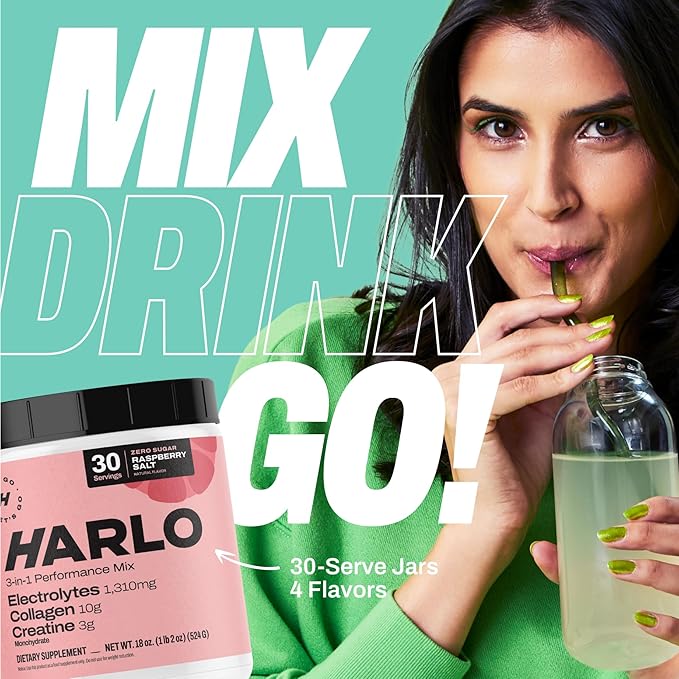 Harlo - Raspberry Salt Electrolyte Drink Mix with Bovine Collagen & Creatine- Creatine Monohydrate Powder - Energy Drink Powder - Pre Workout Powder - Sugar Free Energy Drinks - Post Workout Recovery