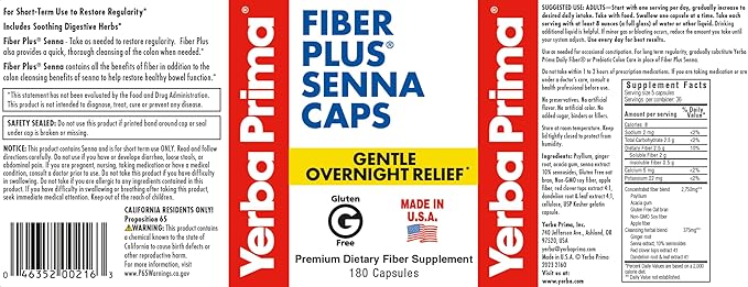 Yerba Prima Fiber Plus Senna Capsules, 180 Count (Pack of 3) - 118 Servings of Gentle Overnight Relief, USA Made, Non-GMO, for Short-Term Use to Restore Regularity