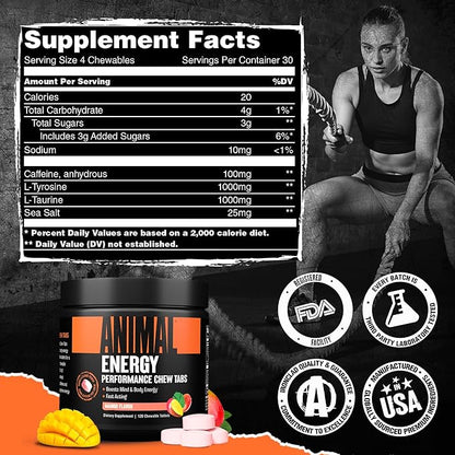 Animal Energy Chews, Fast Acting Energy with Caffeine, Nootropics and Sea Salt for Focus and Pre Workout - Convenient and Delicious Chews Format - Mango