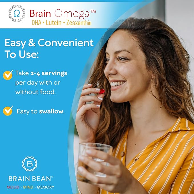 Brain Omega with Lutein and Zeaxanthin – Omega 3 Supplement for Brain, Heart & Eye Health – 460 mg DHA, 90 mg EPA, Lutein and Zeaxanthin Supplements – 180 Softgels (90 Servings)