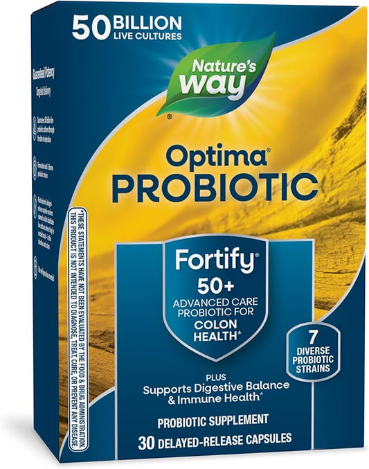 Nature's Way Fortify Optima Probiotic for Adults 50+, 50 Billion Live Cultures, Supports Digestive Balance, Colon & Immune Health*, No Refrigeration Needed, 30 Capsules (Packaging May Vary)