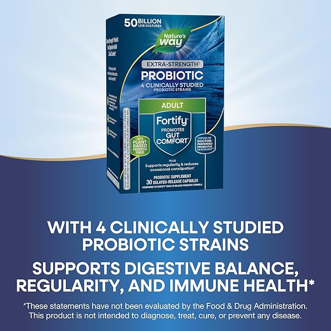 Nature's Way Extra Strength(1) Fortify Probiotic, Prebiotics, 50 Billion Live Cultures, Digestive and Immune Health Support*, 30 Capsules (Packaging May Vary)