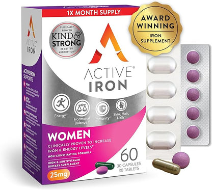 Active Iron Supplement for Women, Non-Constipating, 30 Active Iron Ferrous Sulphate Capsules with 30 Women's Multivitamin Tablets, Clinically Proven to Increase Iron & Energy Levels