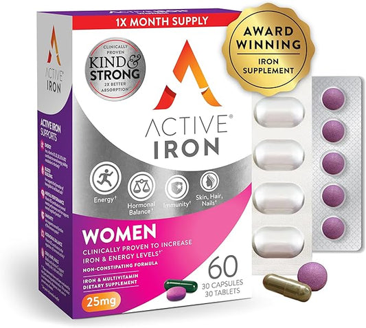 Active Iron Supplement for Women + Complete Multivitamin, 30 Non-Constipating, Gentle on The Stomach Capsules + 30 Womens Multivitamin Tablets, Clinically Proven to Increase Iron & Energy Levels