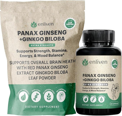 enliven Panax Ginseng & Ginkgo Biloba Supplement | Korean Ginseng Capsules for Immune Support & Stress Relief | 60 Count | Made in USA