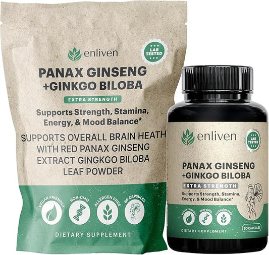 enliven Panax Ginseng & Ginkgo Biloba Supplement | Korean Ginseng Capsules for Immune Support & Stress Relief | 60 Count | Made in USA