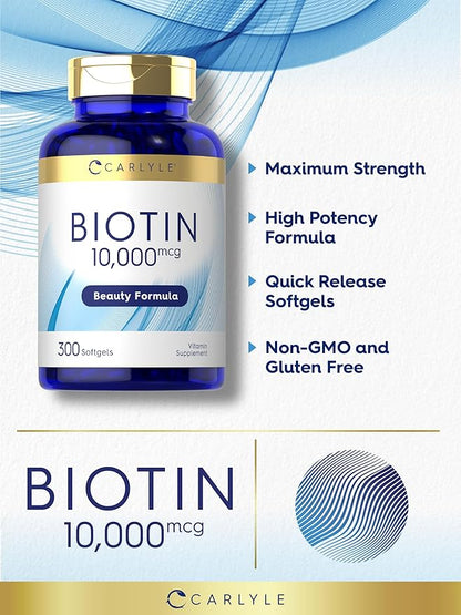 Carlyle Biotin 10000mcg | 300 Softgels | Max Strength | Non-GMO, Gluten Free Supplement