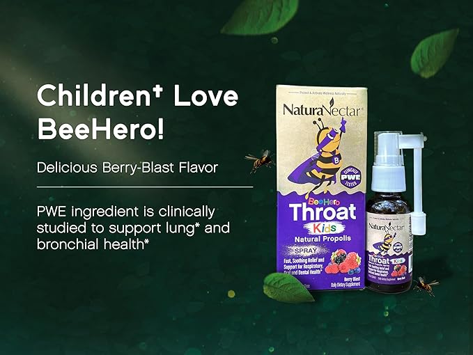 NaturaNectar Exclusive Kids Propolis Throat Spray, BeeHero Berry Blast Flavor (3 Packs)