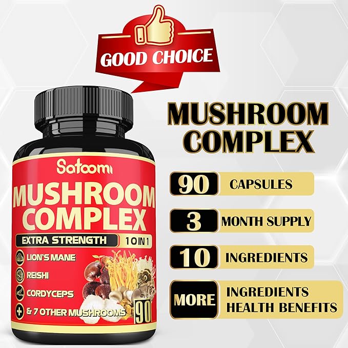 Satoomi 10in1 Mushroom Supplement Complex - Lions Mane, Cordyceps, Reishi, Chaga - Brain Supplements for Memory and Focus - 3 Month Supply