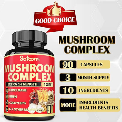 Satoomi 10in1 Mushroom Supplement Complex - Lions Mane, Cordyceps, Reishi, Chaga - Brain Supplements for Memory and Focus - 3 Month Supply